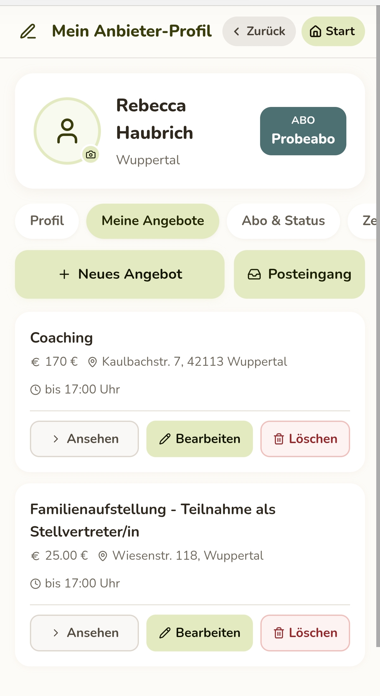 Screenshot: Anbieter-Profil in der Meumego-App mit den eigenen Angeboten