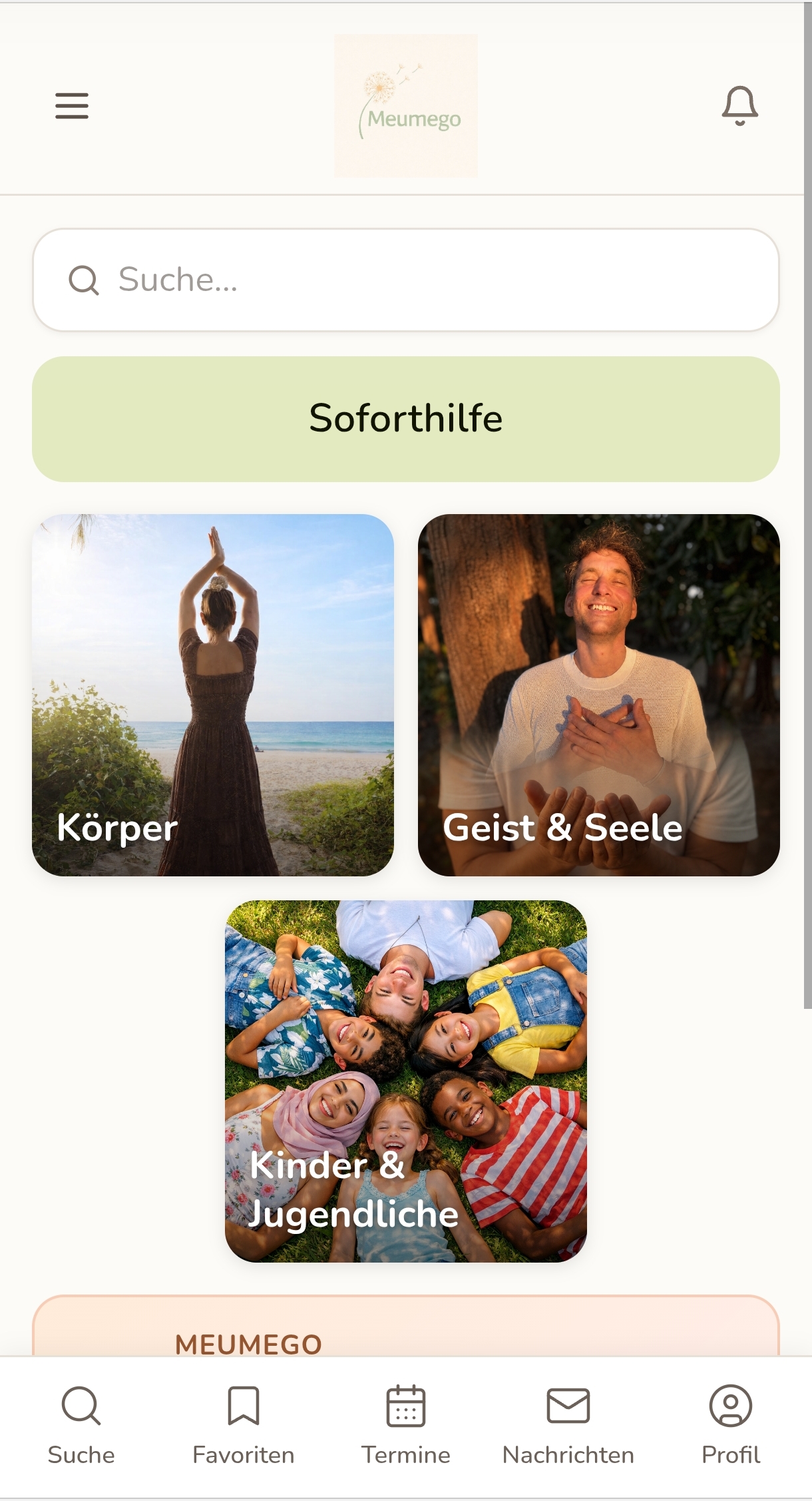 Screenshot: Startseite der Meumego-App mit Suche, Soforthilfe und den drei Kategorien